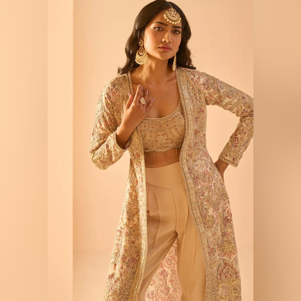 Lashkaraa Gold and Beige Embroidered Crop Jacket Set NWOT